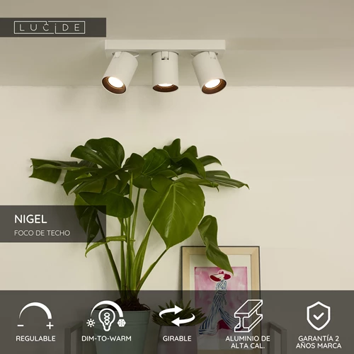 Lucide NIGEL - Foco de techo - LED Dim to warm - GU10 - 3x5W 2200K/3000K - Blanco - USP